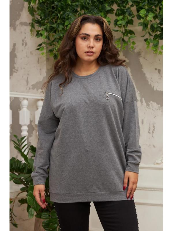 Fermuar Detaylı Büyük Beden Füme Sweatshirt