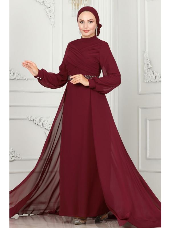 Drape Detaylı Taşlı Abiye 5940AB368 Bordo