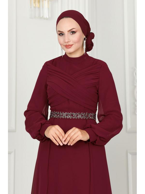 Drape Detaylı Taşlı Abiye 5940AB368 Bordo