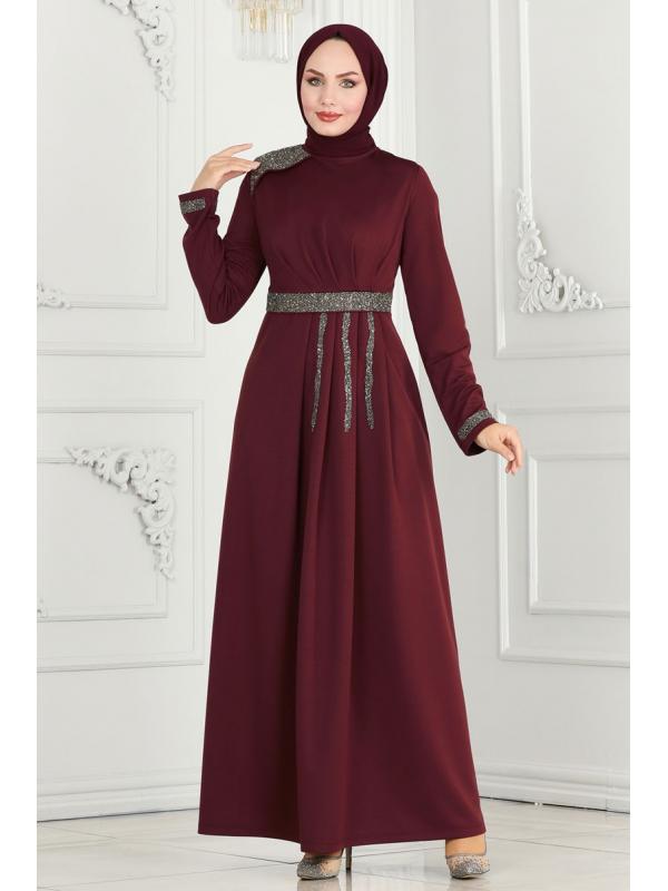 Drape Taş Detaylı Abiye 2529SL432 Bordo