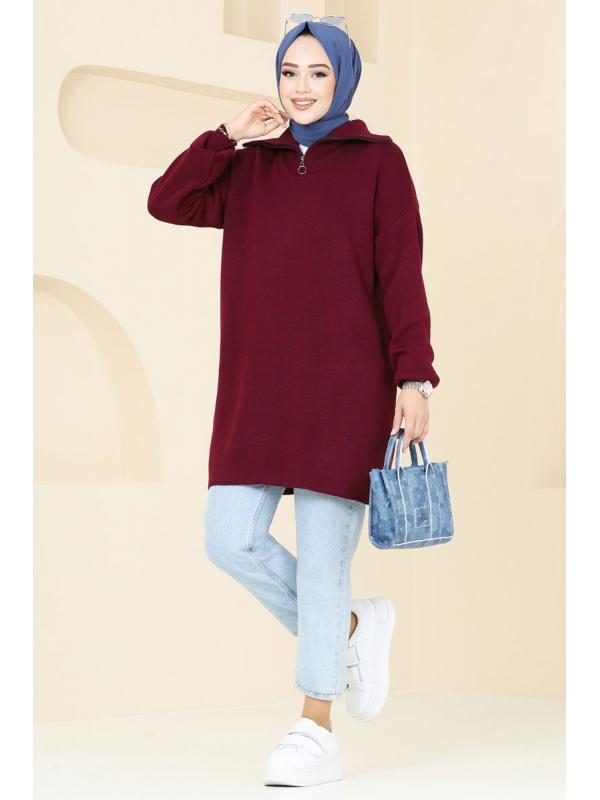 Yarım Fermuarlı Triko Tunik 11043BRZ597 Bordo