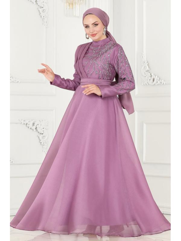 Taşlı Organze Abiye 5743AB368 Lila