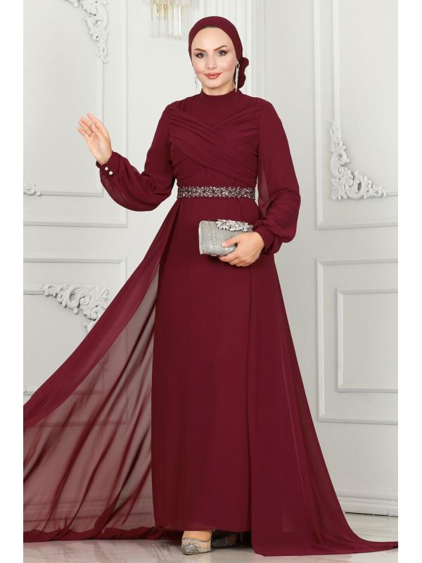 Drape Detaylı Taşlı Abiye 5940AB368 Bordo