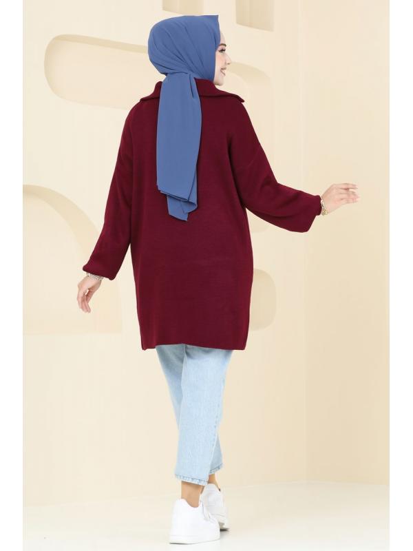 Yarım Fermuarlı Triko Tunik 11043BRZ597 Bordo