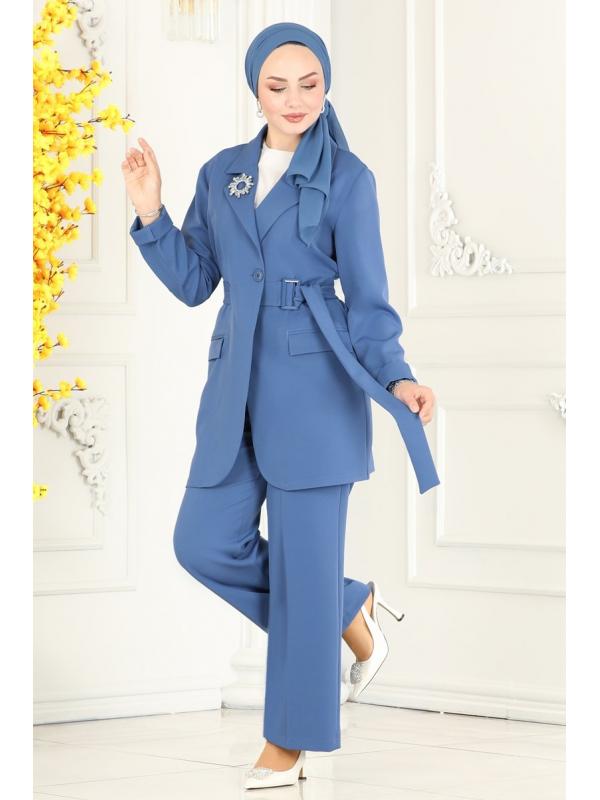 Kemerli Blazer Ceketli Takım 9037MDH809 İndigo