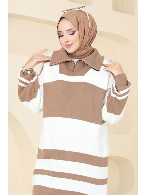 Çizgili Triko Tunik 11046BRZ597 Latte