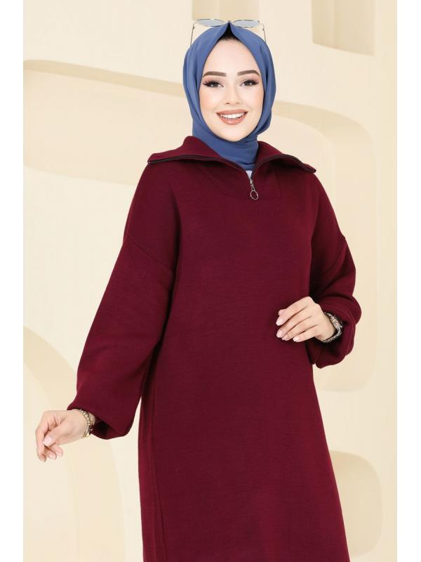 Yarım Fermuarlı Triko Tunik 11043BRZ597 Bordo