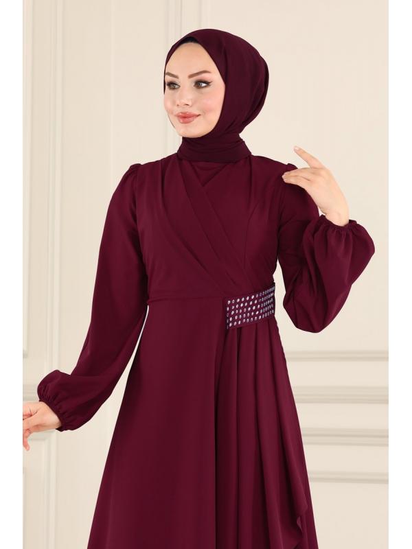 Beli Drapeli Tesettür Elbise ASM2597 Bordo