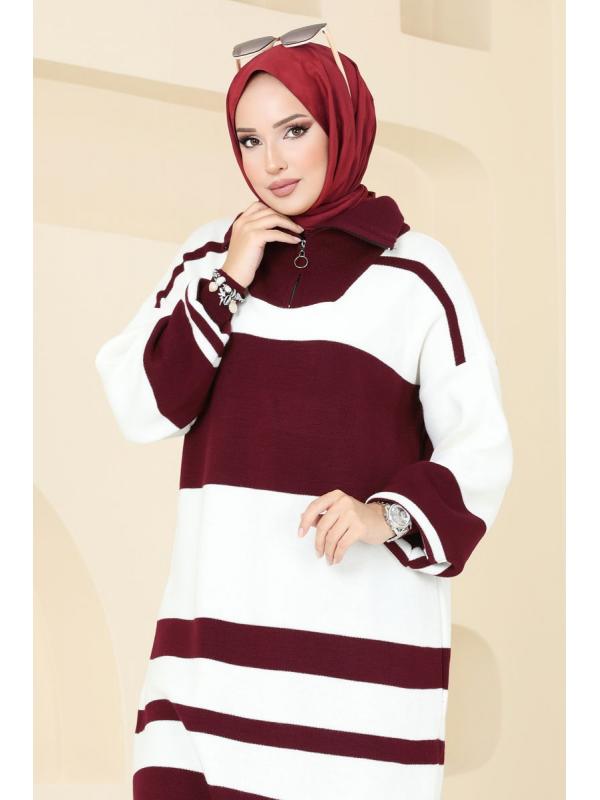 Çizgili Triko Tunik 11046BRZ597 Bordo