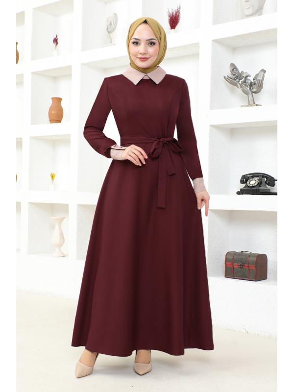 Kuşaklı Elbise ASM2687 Bordo