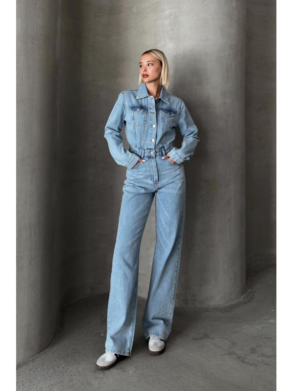 Gömlek Yaka Düğmeli Denim Tulum AÇIK MAVİ 9248