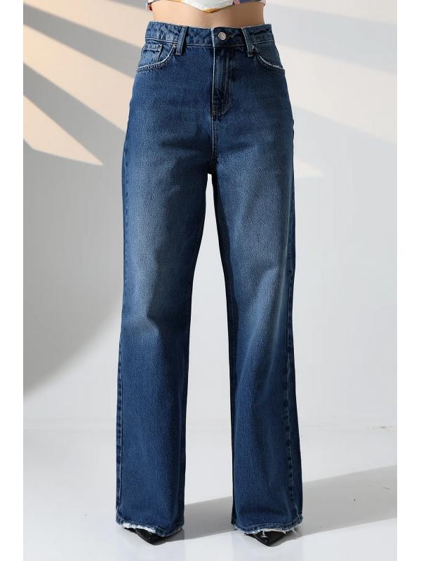 Paça Detay Yüksek Bel Jean Denim Pantolon