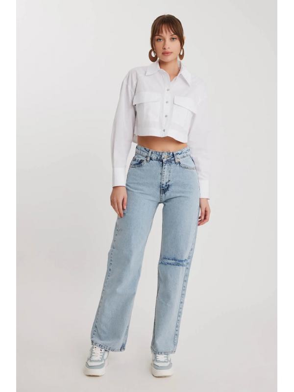 Yırtıklı Wide Leg 90s Jean Mavi