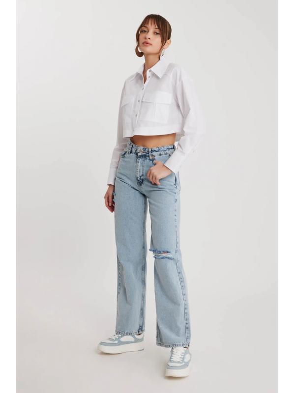 Yırtıklı Wide Leg 90s Jean Mavi