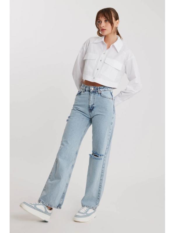 Yırtıklı Wide Leg 90s Jean Mavi