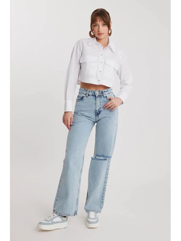 Yırtıklı Wide Leg 90s Jean Mavi