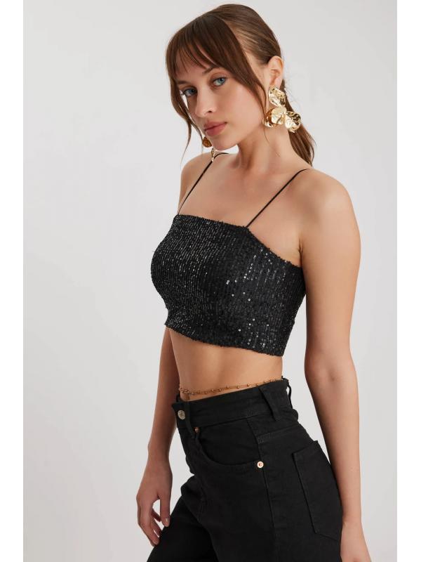 İp Askılı Pullu Crop Bluz