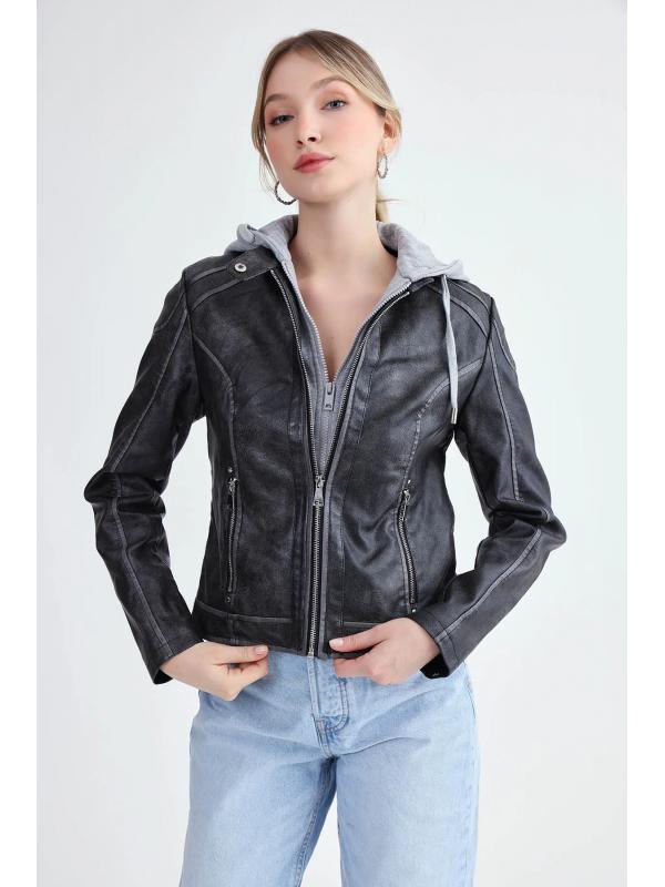 Kapüşonlu Suni Deri Crop Biker Ceket