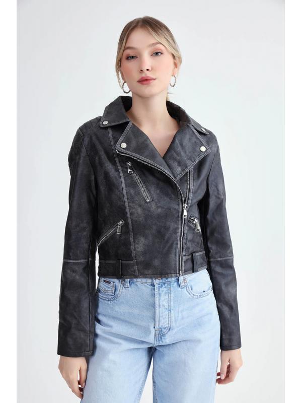 Fermuarlı Suni Deri Crop Biker Ceket