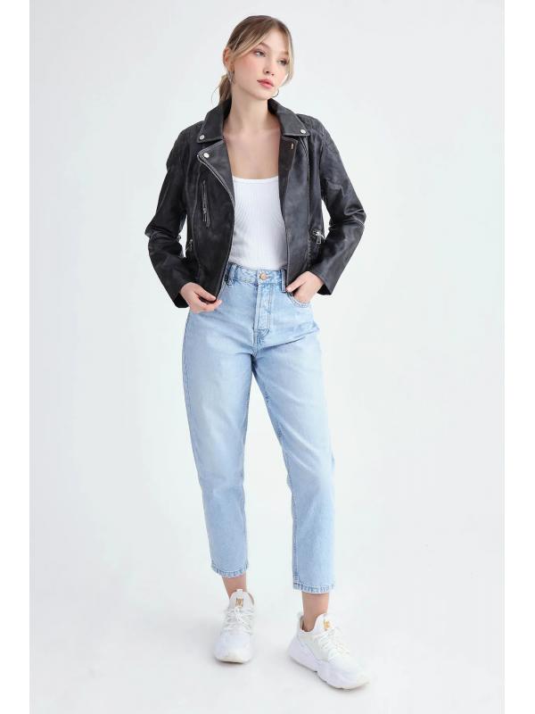 Fermuarlı Suni Deri Crop Biker Ceket