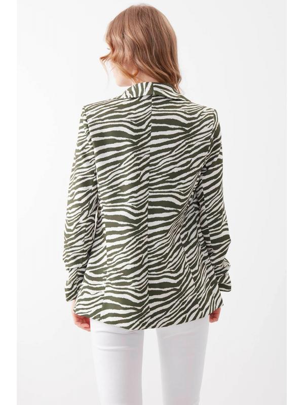 Uzun Yaka Detaylı Kol Büzgülü Zebra Desen Blazer Ceket