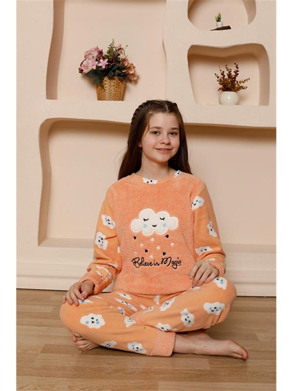 Akbeniz Kız Çocuk WelSoft Polar Turuncu Pijama Takımı 20527