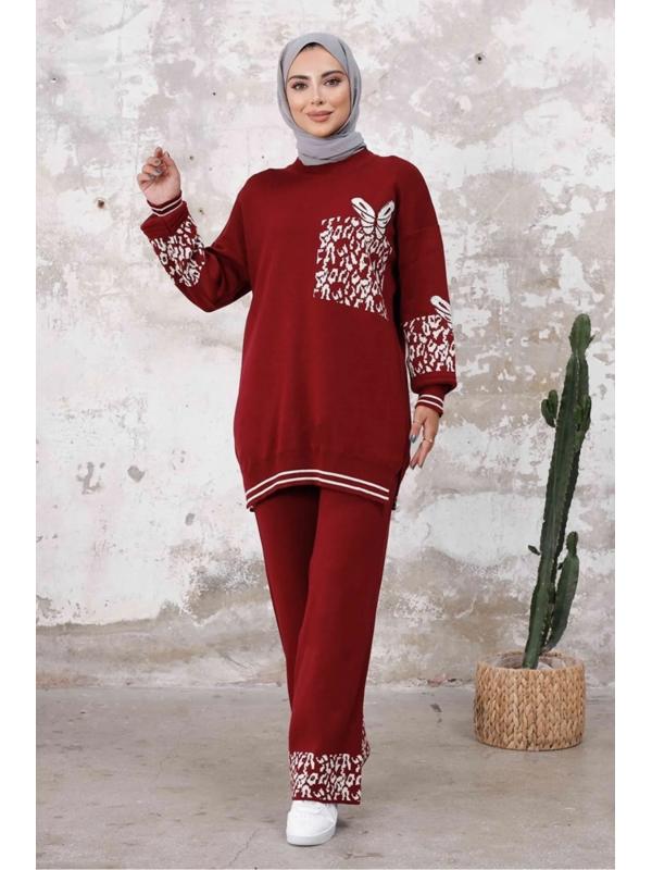 Desenli Tunik Pantolon İkili Triko Takım 1232 - Bordo