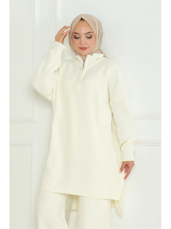 Fermuarlı Tunik Pantolon Triko Takım 1126 - Beyaz