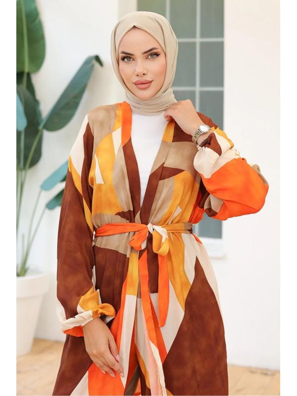 Karışık Renkli Kimono Pantolon İkili Takım 1109 - Kahve