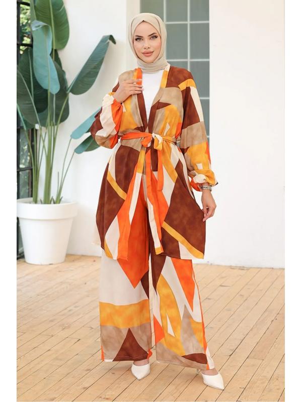 Karışık Renkli Kimono Pantolon İkili Takım 1109 - Kahve