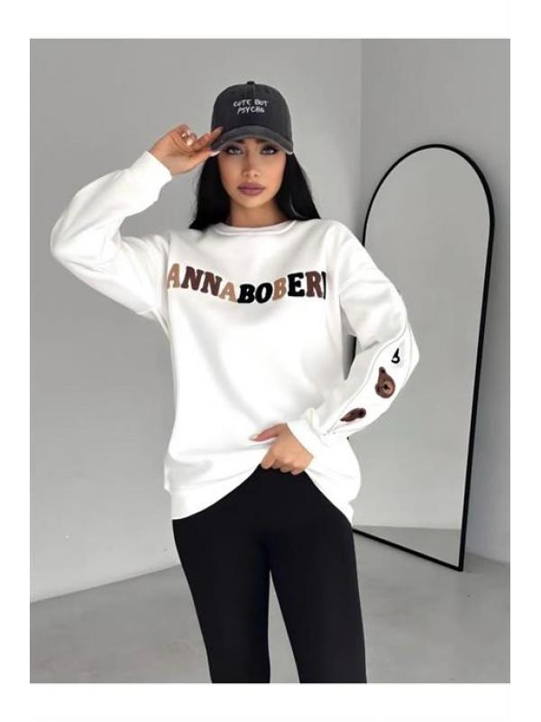 Kadın Ayıcık Nakışlı Kolları Fermuarlı Sweatshirt