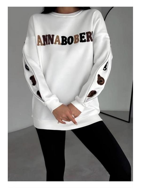 Kadın Ayıcık Nakışlı Kolları Fermuarlı Sweatshirt