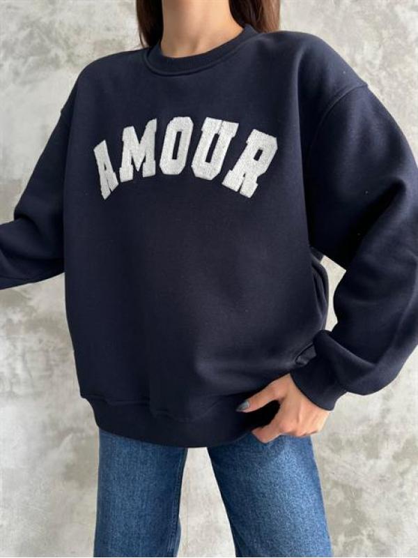 Amour Nakışlı Unisex Lacivert Sweatshirt