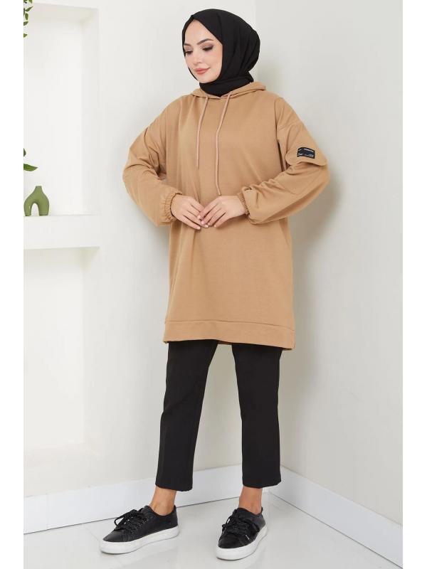 Kapüşonlu Kolu Cep Detaylı Sweatshirt Tunik Camel HM2582