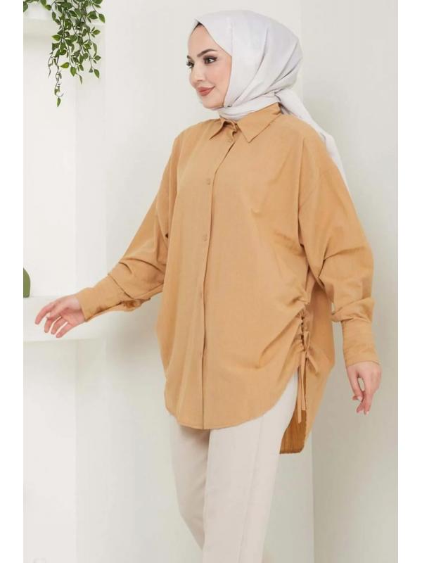 Yandan Bağlamalı Oversize Gömlek Camel HM2471