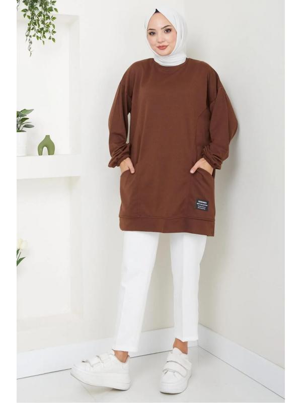 Torba Cepli Bisiklet Yakalı Sweatshirt Tunik Kahverengi  HM2509