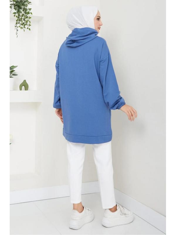 Kanguru Cepli Kapüşonlu Sweatshirt Tunik İndigo HM2510