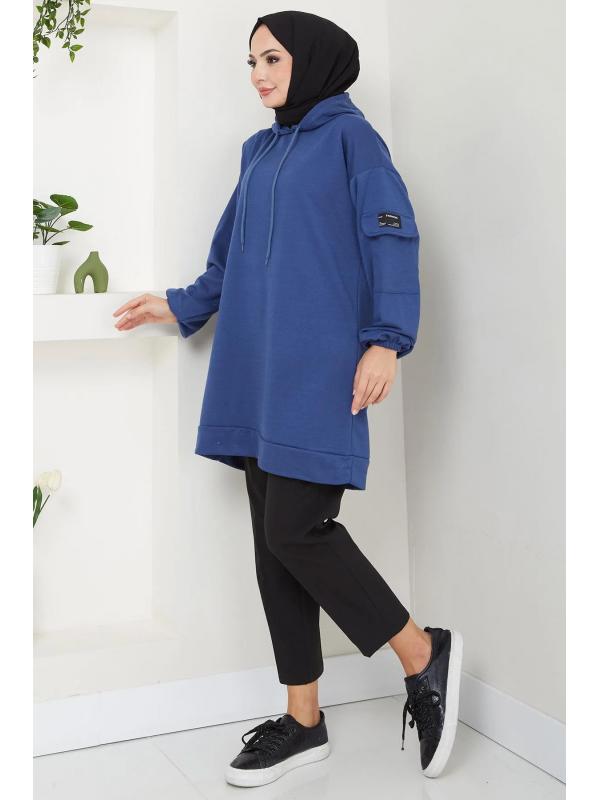 Kapüşonlu Kolu Cep Detaylı Sweatshirt Tunik İndigo HM2582