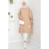 Biye Detaylı Uzun Sweatshirt Tunik Camel HM2508