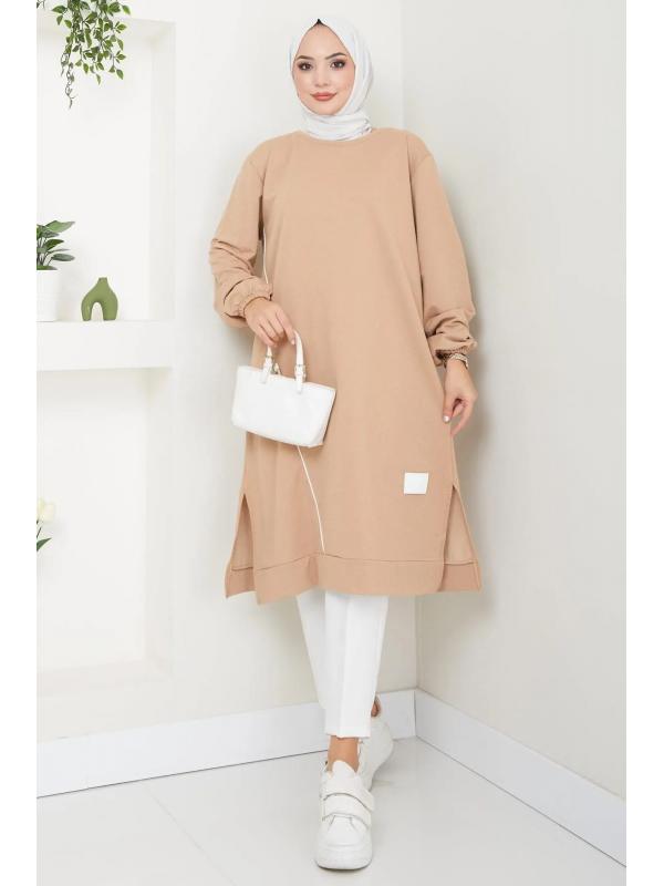 Biye Detaylı Uzun Sweatshirt Tunik Camel HM2508