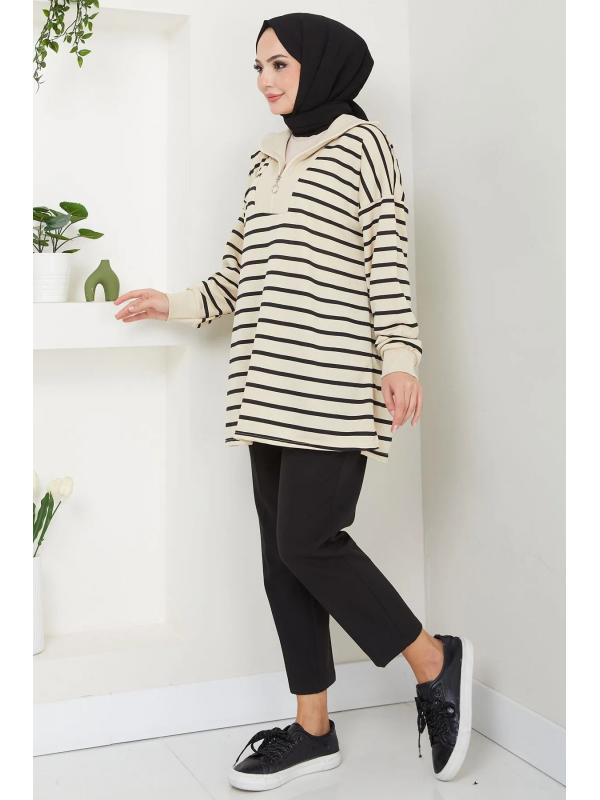 Yakası Fermuarlı Çizgili Sweatshirt Tunik Siyah HM2592