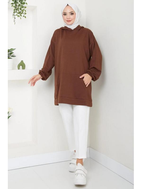 Kanguru Cepli Kapüşonlu Sweatshirt Tunik Kahverengi HM2510