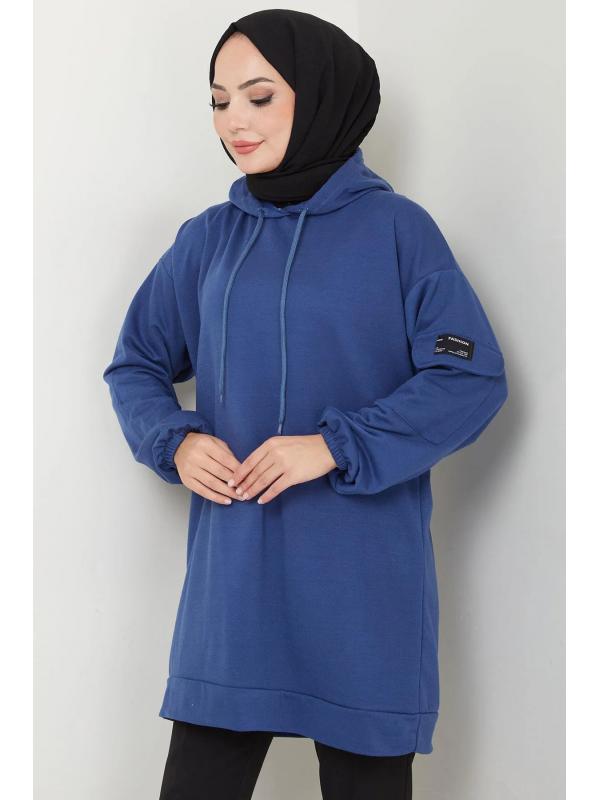 Kapüşonlu Kolu Cep Detaylı Sweatshirt Tunik İndigo HM2582