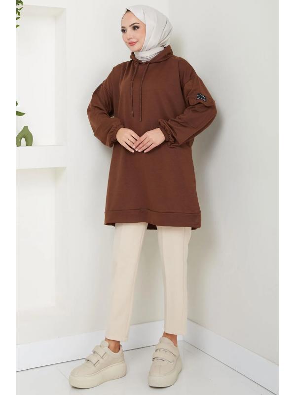 Kapüşonlu Kolu Cep Detaylı Sweatshirt Tunik Kahverengi HM2582