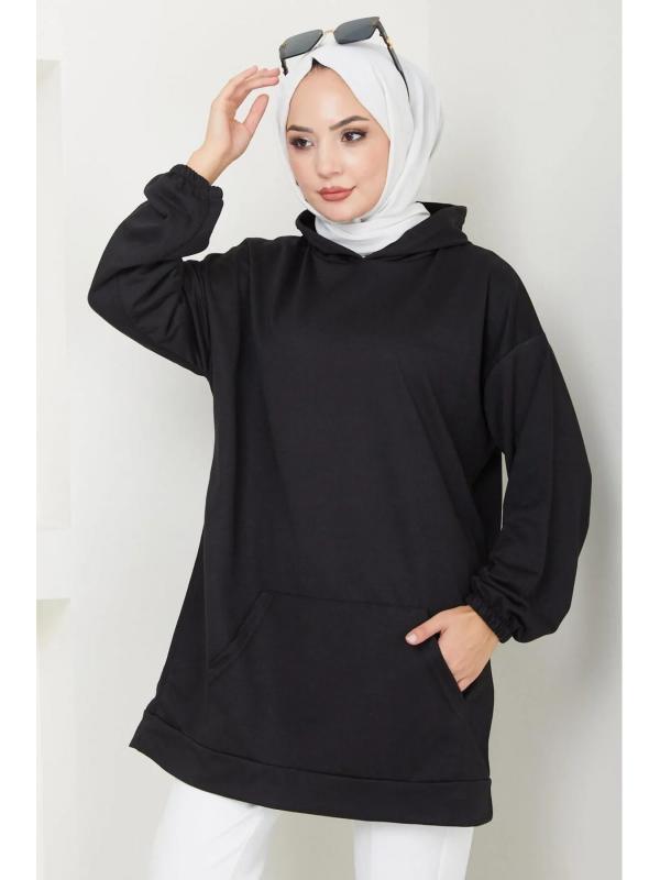 Kanguru Cepli Kapüşonlu Sweatshirt Tunik Siyah HM2510