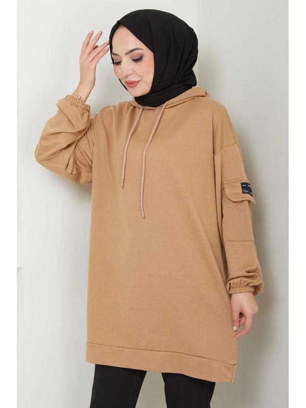 Kapüşonlu Kolu Cep Detaylı Sweatshirt Tunik Camel HM2582