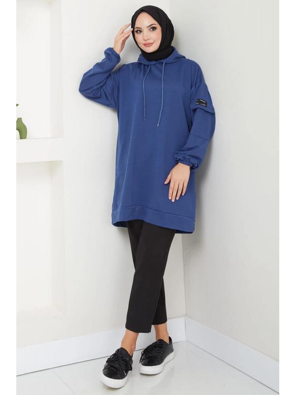 Kapüşonlu Kolu Cep Detaylı Sweatshirt Tunik İndigo HM2582