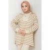 Yakası Fermuarlı Çizgili Sweatshirt Tunik Kahverengi HM2592