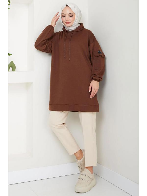 Kapüşonlu Kolu Cep Detaylı Sweatshirt Tunik Kahverengi HM2582