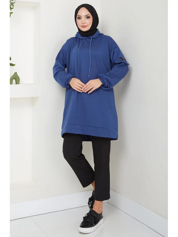 Kapüşonlu Kolu Cep Detaylı Sweatshirt Tunik İndigo HM2582